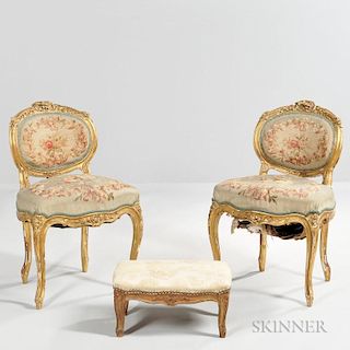 Pair of Louis XV-style Giltwood Chairs and a Tabouret
