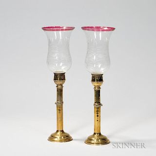 Set of Eight Brass Candlesticks with Glass Shades