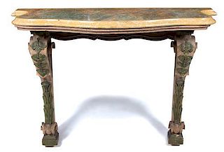 An Italian Rococo Style Carved and Painted Wall Console with Marble Top Height 33 1/2 x width 48 1/4 x diameter 20 inches.