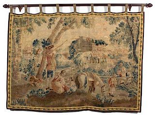 An Aubusson Hunting Scene Tapestry 9 feet 6 inches x 6 feet 10 inches.