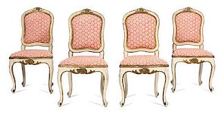 A Group of Four Louis XV Painted and Parcel Gilt Side Chairs