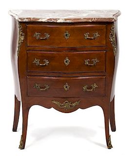 A Louis XV Style Gilt Metal Mounted Bombe Commode Height 34 3/4 x width 29 3/4 x depth 15 inches.