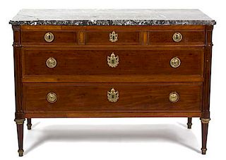 A Louis XVI Style Marble Top Commode Height 35 x width 50 1/2 x depth 23 1/4 inches.