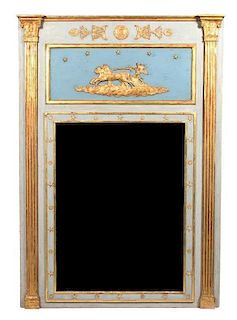 A French Empire Painted and Parcel Gilt Trumeau Mirror Height 77 x width 53 3/4 inches.