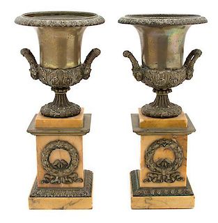 A Pair of French Empire Gilt Bronze Mounted Sienna Marble Campagna Urns Height 14 inches.