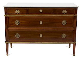 A Louis Phillipe Marble Top Mahogany Commode Height 36 x width 49 1/2 x depth 20 inches.