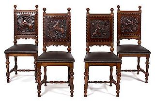 A Group of Eight Spanish Carved Oak and Embossed Leather Dining Chairs Height 42 inches.