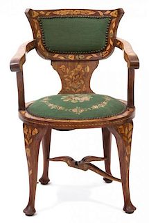 A Dutch Marquetry Armchair having Needlepoint Upholstered Seat and Backrest Height 33 inches.