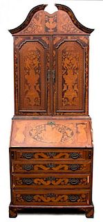 A Dutch Marquetry Inlaid Slant Front Secretary Bookcase Height 88 inches.