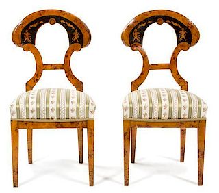 A Pair of Biedermeier Inlaid Burl Walnut Side Chairs Height 39 inches.