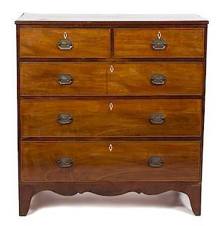 A George III Mahogany Chest of Five Drawers Height 41 1/4 x width 39 x depth 19 3/4 inches.