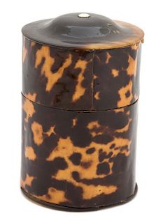 A Regency Tortoise Shell Cylindrical-Form Covered Box Height 5 1/2 x diameter 3 3/4 inches.