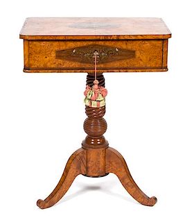 A William IV Inlaid Burl Walnut Sewing Table Height 28 1/2 x width 22 3/4 x depth 17 inches.