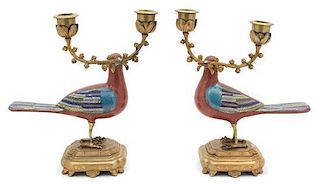 A Pair of Chinese Cloisonne Enamel Standing Birds Mounted as Two-Light Candelabra Height 9 1/4 inches.