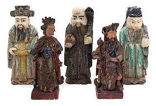 A Group of Five Carved and Painted Wood Chinese Figures Height of tallest 15 inches.