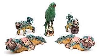 A Group of Five Chinese Glazed Ceramic Figures of Animals Length of largest 9 inches.