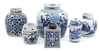 A Group of Six Chinese Blue and White Covered Jars Height of tallest 10 inches.