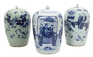 A Group of Three Chinese Blue and White Porcelain Covered Jars Height of talles 14 1/2 inches.
