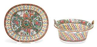 A Chinese Export Rose Medallion Porcelain Basket and Undertray Length 9 inches.