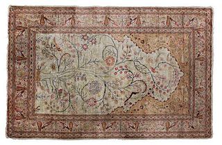 A Tabriz Silk and Wool Prayer Rug 5 feet 3 inches x 3 feet 5 inches.