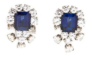 A Pair of Faux Sapphire and Cubic Zirconia Earrings Length 1 1/4 inches.