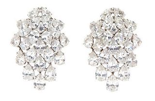 A Pair of Silvertone and Pear-Shape Cubic Zirconia Cluster Earrings with Pendant Drops Length 1 3/4 inches.