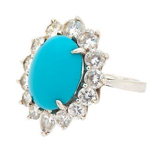 A 14K White Gold,Turquoise and Cubic Zirconia Ring