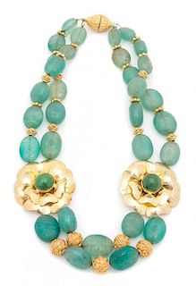A Two Strand Mexican Silver Vermeil Floral and Carved Green Hardstone Necklace Length 18 inches.
