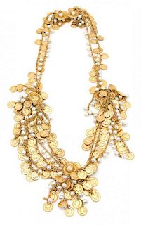 A Goldtone Multi-coin and Faux Pearl Belt Length 37 inches.