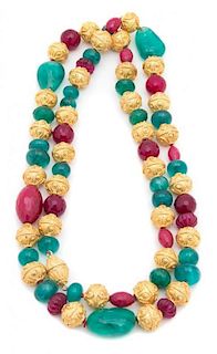 A Green, Pink and Gold Beaded Necklace Length 43 inches.