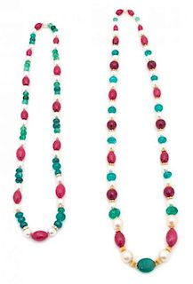 A Pair of Faux Pearl, Faceted Pink, Green and Gold Beaded Necklaces Length of longest 37 inches.