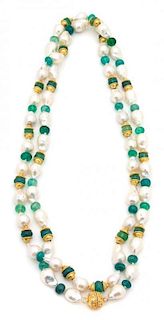 A Baroque Pearl, Green and Gold Beaded Necklace Length 52 inches.