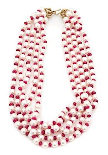 A Five Strand Faux Pearl and Pink Beaded Necklace Length 19 inches.