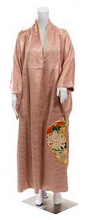 A Japanese Rinzu Pink Silk Embroidered Kimono Dress