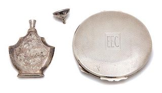 A Silver Machine Ruled Compact, W.I. Broadway & Co., Birmingham, 1945, monogrammed EFC, together with a silver perfume bottle