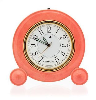 A Verdura Coral Enameled Brass Travel Alarm Clark Height 2 1/4 inches.