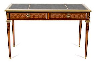 A Louis XVI Style Marquetry Gilt Metal Mounted Bureau Plat Height 32 x width 51 1/2 x depth 25 inches.
