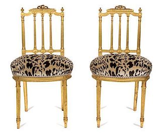 A Pair of Louis XVI Style Carved Giltwood Ballroom Chairs Height 32 1/4 inches.