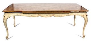 A Louis XV Style Parquetry Top Dining Table Height 31 x width 86 x depth 44 1/2 (each leaf 19) inches.