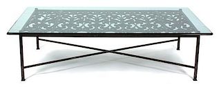 A French Wrought Iron Coffee Table Height 18 1/4 x width 64 x depth 36 1/2 inches.