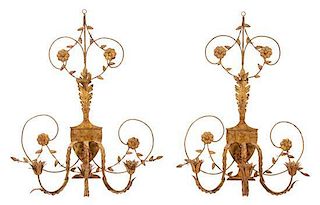 A Pair of French Gilt Metal Three-Light Wall Sconces Height 31 inches.