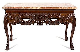 An Irish Chippendale Style Carved Mahogany Center Table Height 34 x width 55 x depth 25 1/2 inches.