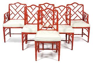A Group of Six Chinese Chippendale Style Painted Dining Chairs Height 36 inches.