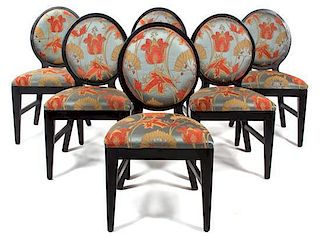 A Set of Six Black Lacquer Art Deco Oval Back Dining Chairs Height 37 inches.