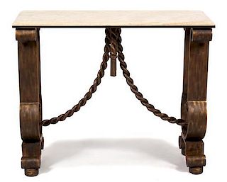 A Hollywood Regency Style Patinated Metal Console Table Height 3 1/2 x width 40 x depth 14 1/2 inches.