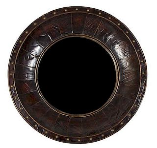 A Contemporary Faux-Leather and Brass Nailhead Mirror Diameter 32 1/2 inches.