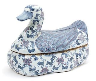 A Chinese Blue and White Porcelain Duck-Form Covered Vessel Height 10 x length 15 x width 8 inches.