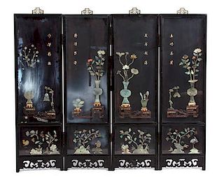 A Set of Four Chinese Hardstone Embellished Hardwood Panels Height 35 inches.