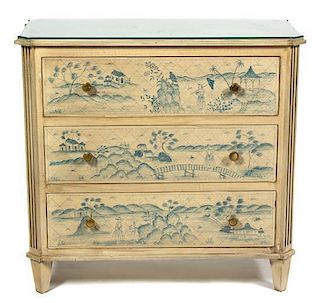 A Chinoiserie Painted Chest of Drawers Height 34 x width 35 1/2 x depth 17 inches.