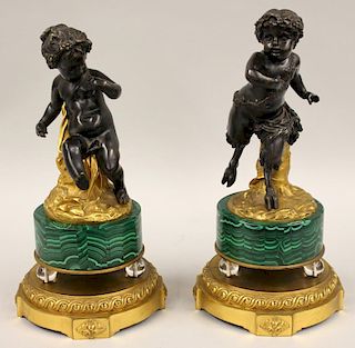 PAIR OF FRENCH BRONZE AND MALACHITE GARNITURES